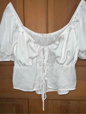 Active USA White Puff Sleeve Tie-Front Crop Top